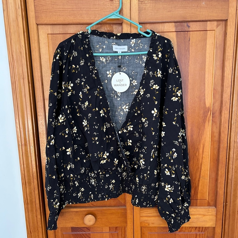Lost + Wander Daisy Floral Blouse Plus 3X NWT Champagne Long‑Sleeve Top